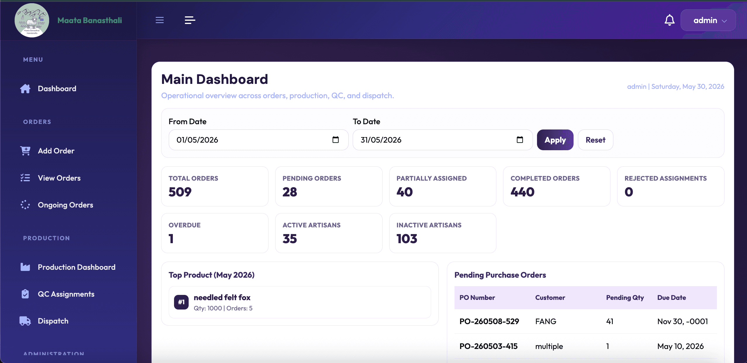 Maata Banasthali Production Management System preview